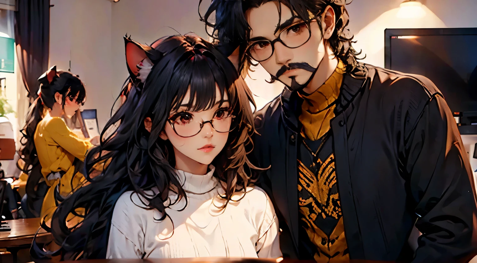 neocruz man with curly hair, long black hair and freshly cut beard, Brown eyes. // inside the office // next to a beautiful junkotvv woman with glasses, wavy black fur, cat ears and red eyes.