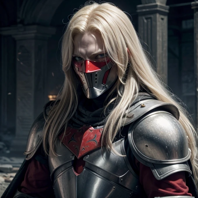 A male albino knight with long hair, wearing heavy armor with red hood carrying long swords
