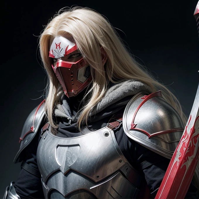 A male albino knight with long hair, wearing heavy armor with red hood carrying long swords