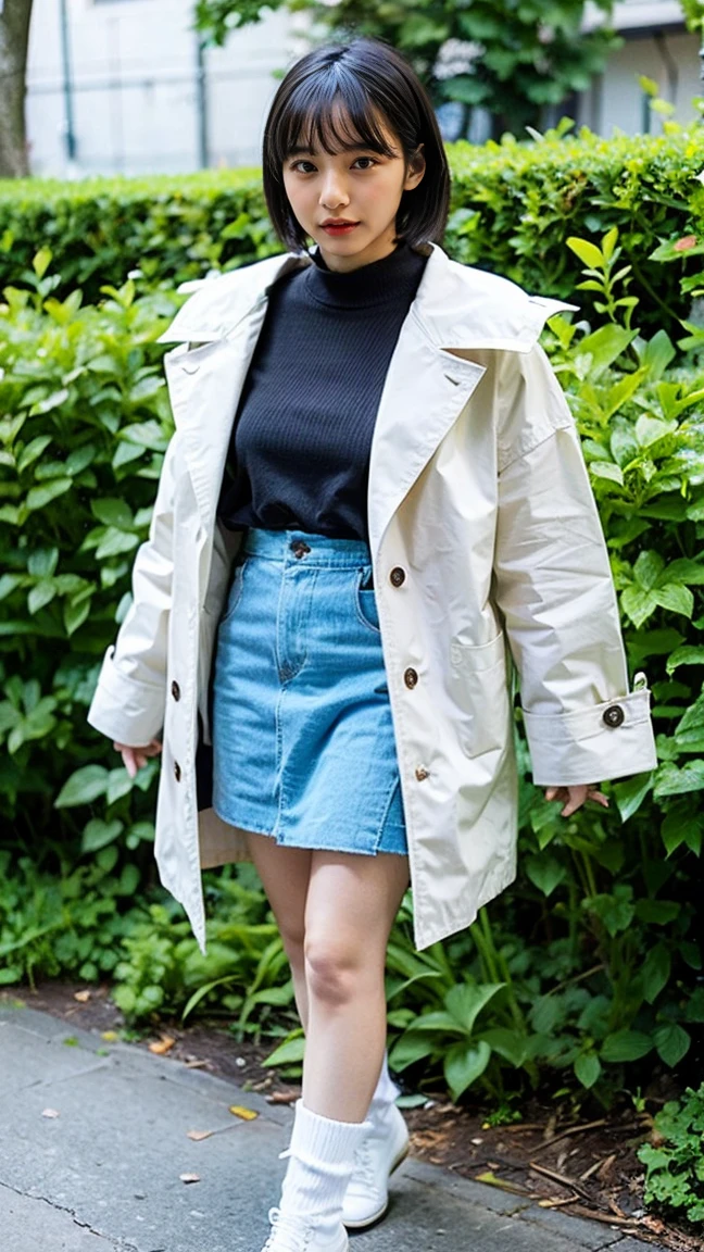 (8K、RAW Photos、Highest quality、masterpiece:1.2)、(Realistic、Realistic)、1 Girl、((Black coat、one piece、Light blue mini skirt、boots、Big Breasts、whole body、garden、View from the front、Looking into the camera、Stand with one hand on your hip))、