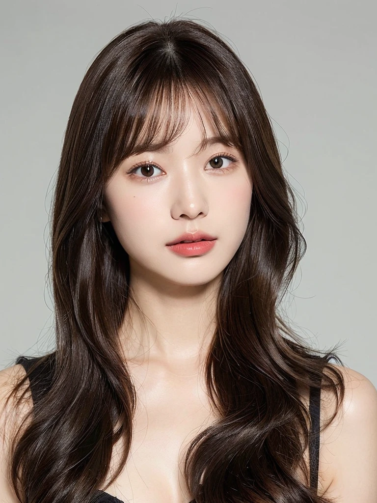 (Highest quality、8K、32k、masterpiece、uhd)(Silky Hair、Natural brown hair、Long Hair、Glossy hair、Loose and fluffy hair) Portraiture、In natural fashion、Concrete Background、