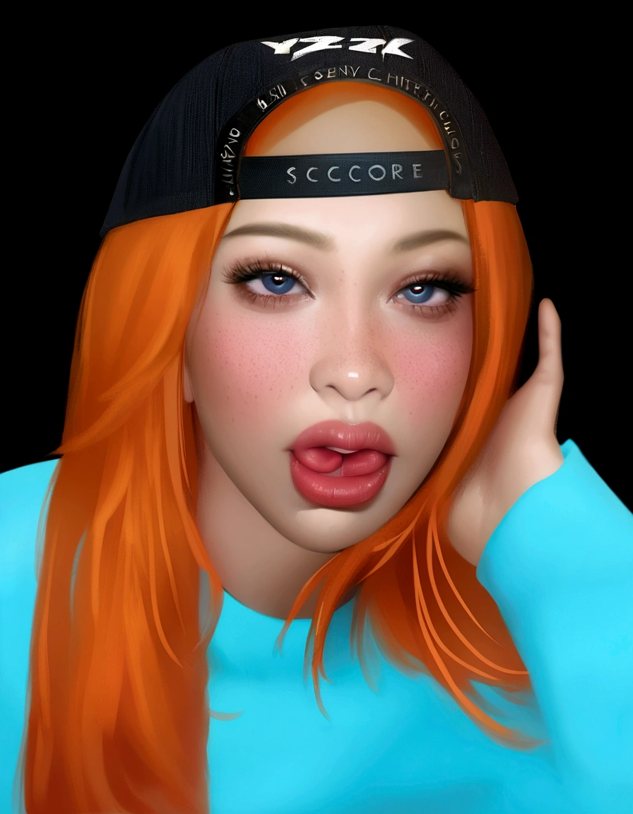 Arafed woman with orange hair wearing a blue shirt and a black hat., realistic art style, realism artistic style, Kawaii realistic portrait, 🤤 girl portrait, cara de Ahegao, photorealistic!!!!!!! Art Style, Portrait of Blackpink&#39;s Jossi, photorealistic artstyle, anime realism style, y 2 k Cutecore Clowncore, realistic anime art style, Ahegao