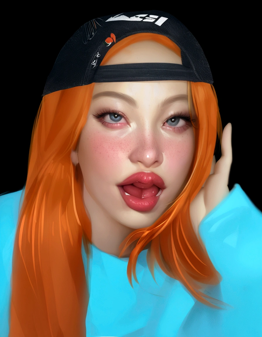 Arafed woman with orange hair wearing a blue shirt and a black hat., realistic art style, realism artistic style, Kawaii realistic portrait, 🤤 girl portrait, cara de Ahegao, photorealistic!!!!!!! Art Style, Portrait of Blackpink&#39;s Jossi, photorealistic artstyle, anime realism style, y 2 k Cutecore Clowncore, realistic anime art style, Ahegao