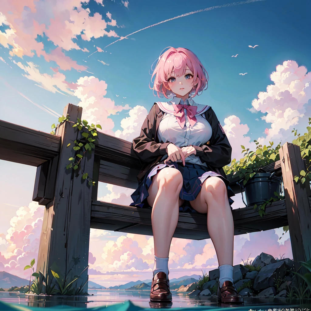 ((Highest quality)), ((masterpiece)), (detailed), From below, Pink Bob Hair, Beautiful school girl, Plump breasts, , Sitting on the shore, Spread your legs, View your viewers, beautiful pink sky and clouds,