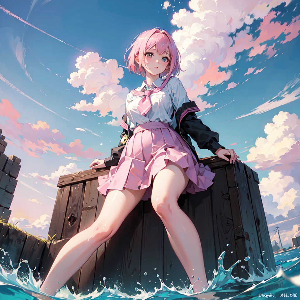 ((Highest quality)), ((masterpiece)), (detailed), From below, Pink Bob Hair, Beautiful school girl, Plump breasts, , Sitting on the shore, Spread your legs, View your viewers, beautiful pink sky and clouds,
