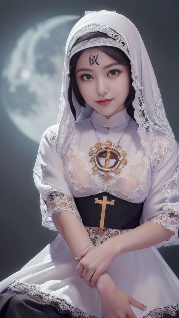 (masturbation:2.0),(Orgasm:2.0),(A Ultra cute young Japanese nun:2.0),(she wearing a decorated with lace nun costume and scart slim fit:2.0),(beautiful detailed dropped eyes:2.0),beautiful detailed lips, (extremely detailed cute and beautiful face:2.0), longeyelashes, (slender woman body:1.5), (beautiful short hair:2.0), (natural makeup,big smile:1.5), incredibly beautiful skin,(professional lighting, bright lighting, photorealistic, 8k, high resolution, best quality, masterpiece, ultra-detailed:1.75), vivid colors, (Moonlit Night:1.5),(The moonlight shines on her face:1.2),(She is in the convent:1.2)