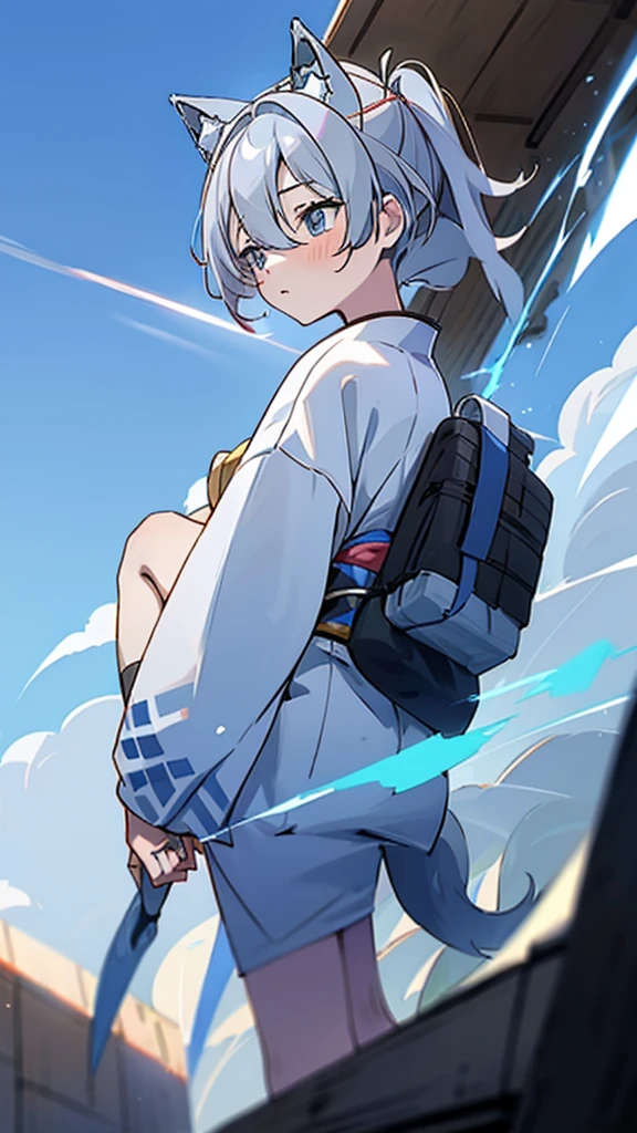 naughty girl;
Wolf ears and tail;
Long messy hair;
gray hair;
Kimono with lightning cloud details;
Rays around the body;
It&#39;s in a black space full of clouds forming;
Sky blue eyes;
