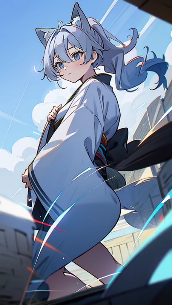 naughty girl;
Wolf ears and tail;
Long messy hair;
gray hair;
Kimono with lightning cloud details;
Rays around the body;
It&#39;s in a black space full of clouds forming;
Sky blue eyes;
