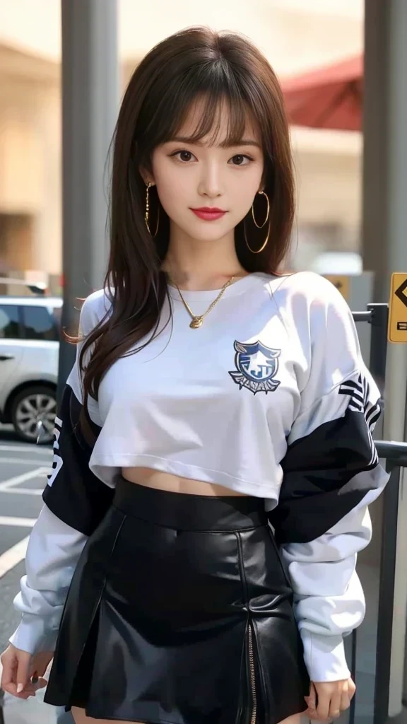 White Sweatshirt Clothes、Black mini skirt、Navel-baring look