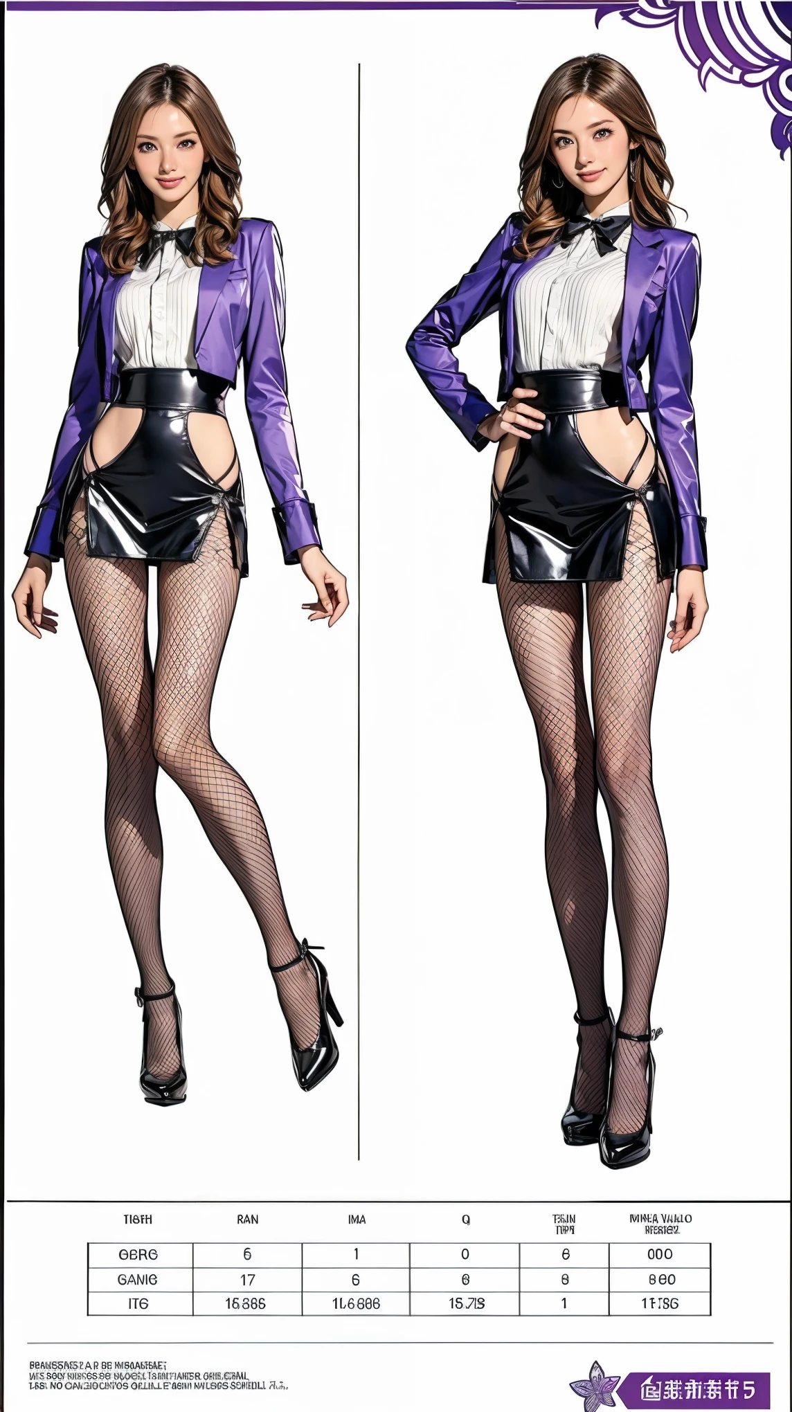 ((masterpiece)),(((Highest quality))),((Character design sheet)),Thin thighs,Long legs,wearing black fishnet tights:1.5,The best smile:1.5,Full Body Shot:1.5,masterpiece, Highest quality, One Girl, Elaina_(May_no_gossip), Silver Hair, Purple eyes, Long Hair,