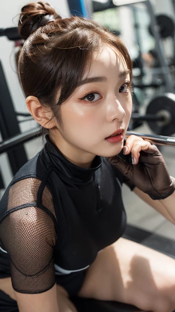 Highly detailed CG Unity 8K wallpapers,top Quority,Super detailed,tmasterpiece,realisticlying,photograph realistic,Very detailed cute girl,25 age old,musculature,Microabs,Round eyes,peeping at the viewer,Be red in the face,parted lip,Half-body shooting,
track suit , gym room,black fishnet stocking