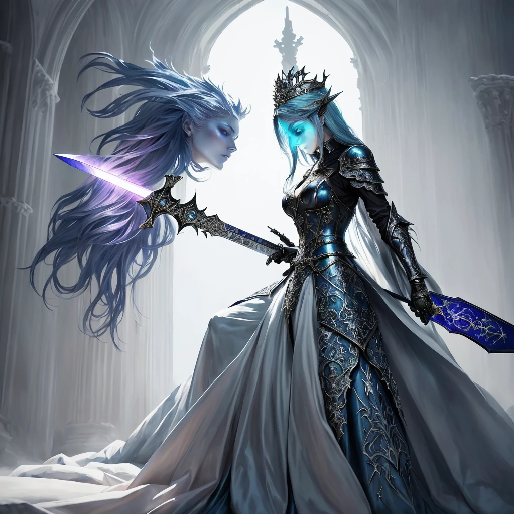 a woman in a long dress holding a large sword in a castle, highly detailed fantasy art, gothic fantasy art, anime fantasy artwork, detailed fantasy art, epic and exquisite character art, elegant cinematic fantasy art, beautiful ancient frost witch, beautiful fantasy art, epic anime art, breathtaking fantasy art, a beautiful fantasy empress, cushart krenz arte chave feminino