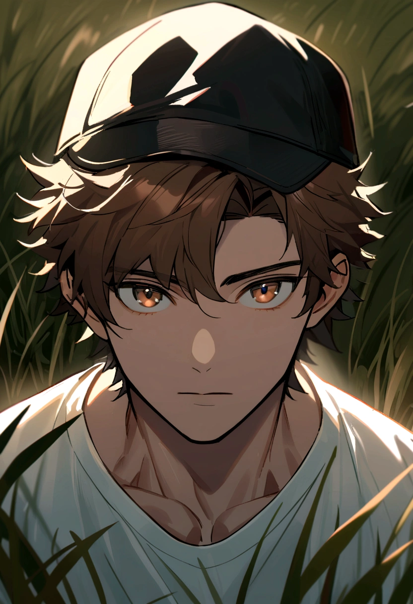 Handsome boy, Age 25, Brown spiky hair, bright hazel brown eyes, Masculine pose in the meadow, Mysterious lighting,Wearing a white T-shirt, Muscular physique, Staring at the camera from the front, Half body close-up, From head to thighs, Wearing a black cap