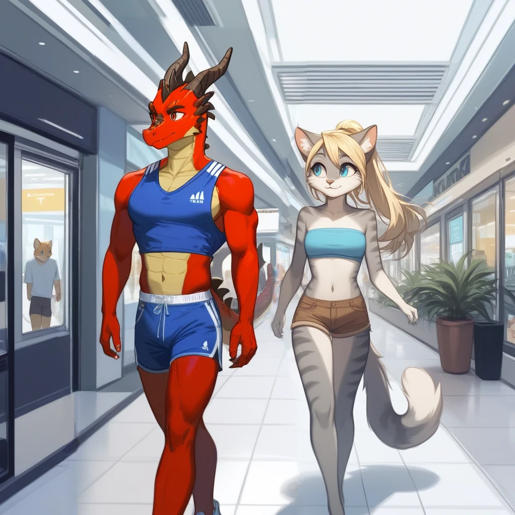 Score_9, score_8_up, an anthro dragon male, tall, athletic body, black dragon male, (black scaley body with red markings), red eyes, he is wearing a blue sports jersey and brown khaki shorts with white sneakers, walking in a strip mall, looking to his left at other character,