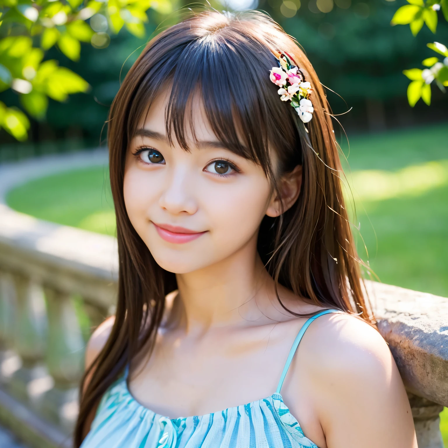(Best-quality, Masterpiece, Ultra-High-Resolution, (Photorealistic:1.7), Raw Photo, depth of field, professional lighting, perfect anatomy, extremely details), 1girl, 15-years-old, the most famous Japanese idol, ((extremely beautiful and extremely realistic skins):1.4), wearing summer-dress, (extremely cute realistic-face like the most popular Japanese idol, ((extremely cute and extremely big realistic-eyes), extremely cute realistic-hair), innocent smile, selfie
