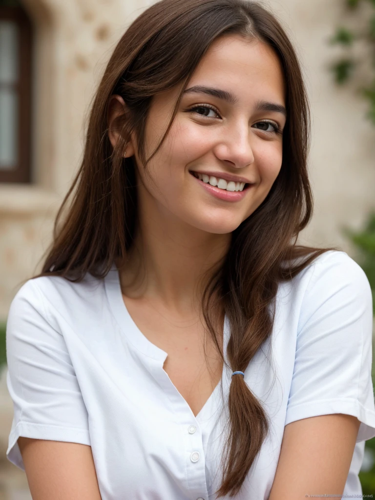 very high resolution, realistic white Palestinian women, blue shirt, white teethes, cute smile, long brown hair, realistic facial details, modest, white skin