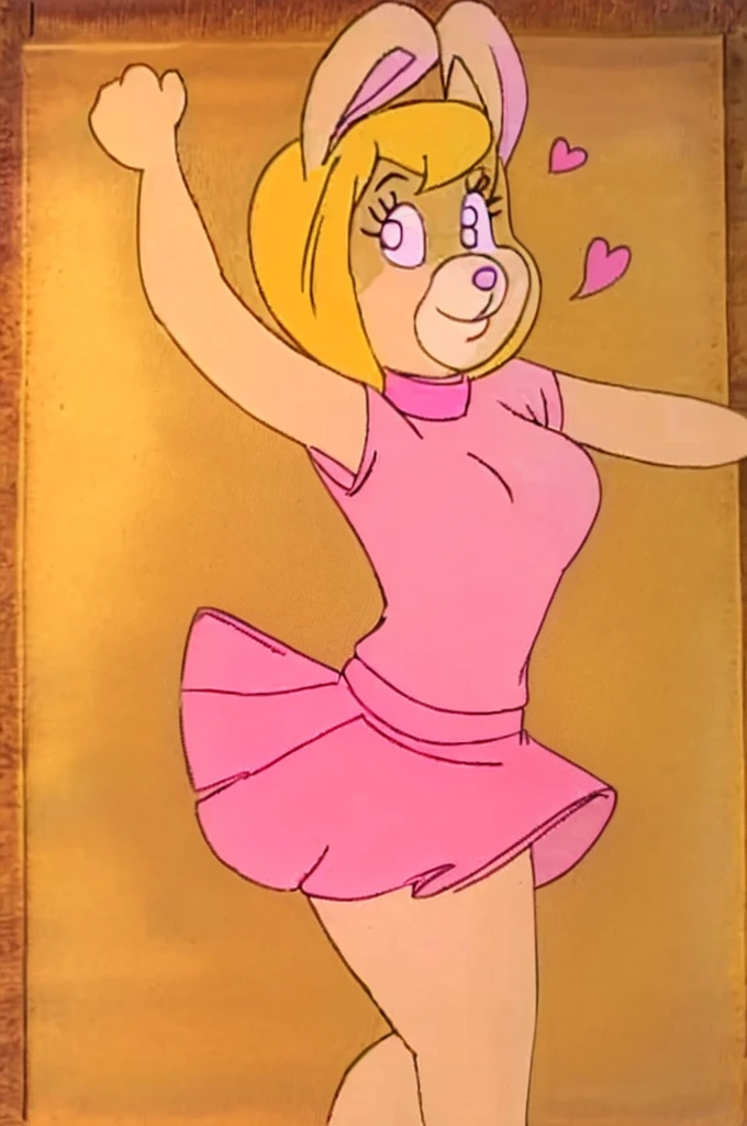 
Furry Yellow bunny with white eyes with hot pink pupil and pink collar with a heart, with mat instead of chest without clothes just a skirt cartoonish Hanna-Barbera type, Women, Mexican pink volume skirt, BALD, in cute pose solo mechon enfrente