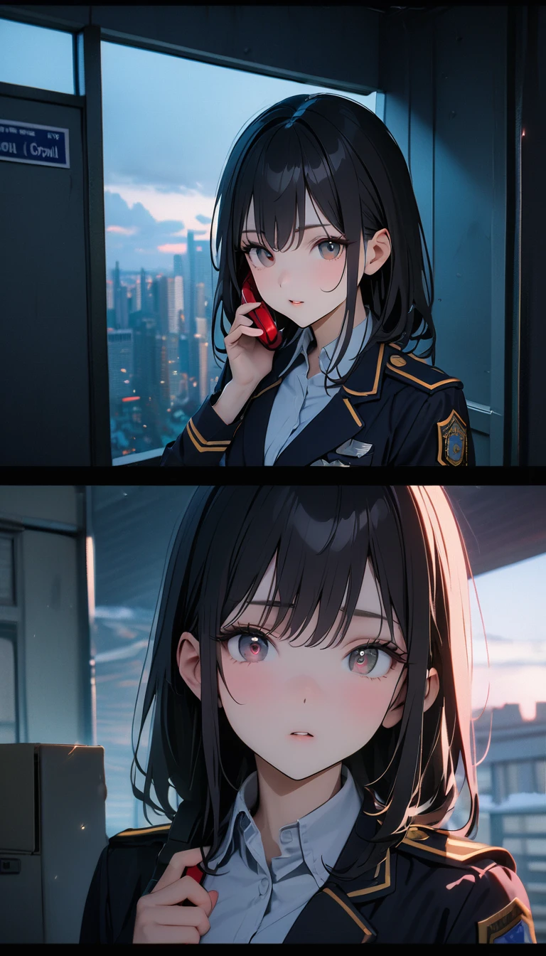 (8K, RAW photos, best quality, masterpiece: 1.4), (((Answering the phone的fema)))，Ultra-high resolution, Extremely detailed, light, female, black eyes, (delicate eyes, Eyes are bright:1.2), Black long hair, Fair skin,dark, Prop police uniform,(perfect ???????:1.2), High-quality shadows, Natural Lighting, (White highlights:1.2), night, cloudy day, (Police Station:1.2), (Answering the phone:1.2)