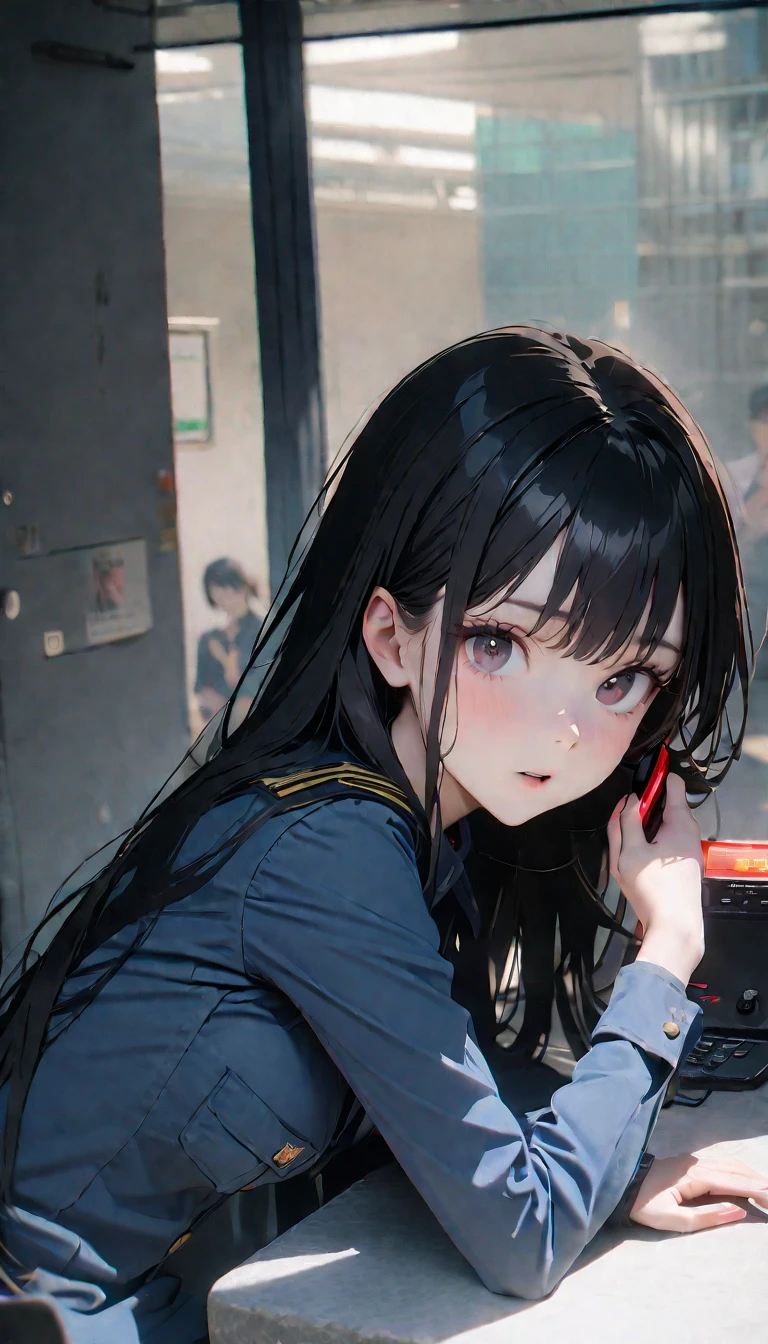 (8K, RAW photos, best quality, masterpiece: 1.4), (((Answering the phone的fema)))，Ultra-high resolution, Extremely detailed, light, female, black eyes, (delicate eyes, Eyes are bright:1.2), Black long hair, Fair skin,dark, Prop police uniform,(perfect anatomy:1.2), High-quality shadows, Natural Lighting, (White highlights:1.2), night, cloudy day, (Police Station:1.2), (Answering the phone:1.2)