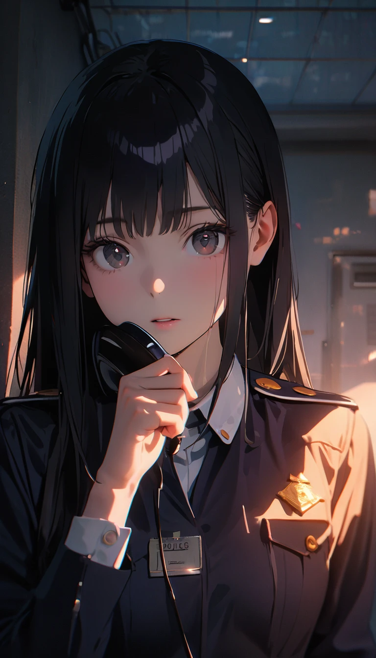 (8K, RAW photos, best quality, masterpiece: 1.4), (((Answering the phone的fema))),Ultra-high resolution, Extremely detailed, light, female, black eyes, (delicate eyes, Eyes are bright:1.2), Black long hair, Fair skin,dark, Prop police uniform,(perfect anatomy:1.2), High-quality shadows, Natural Lighting, (White highlights:1.2), night, cloudy day, (Police Station:1.2), (Answering the phone:1.2)