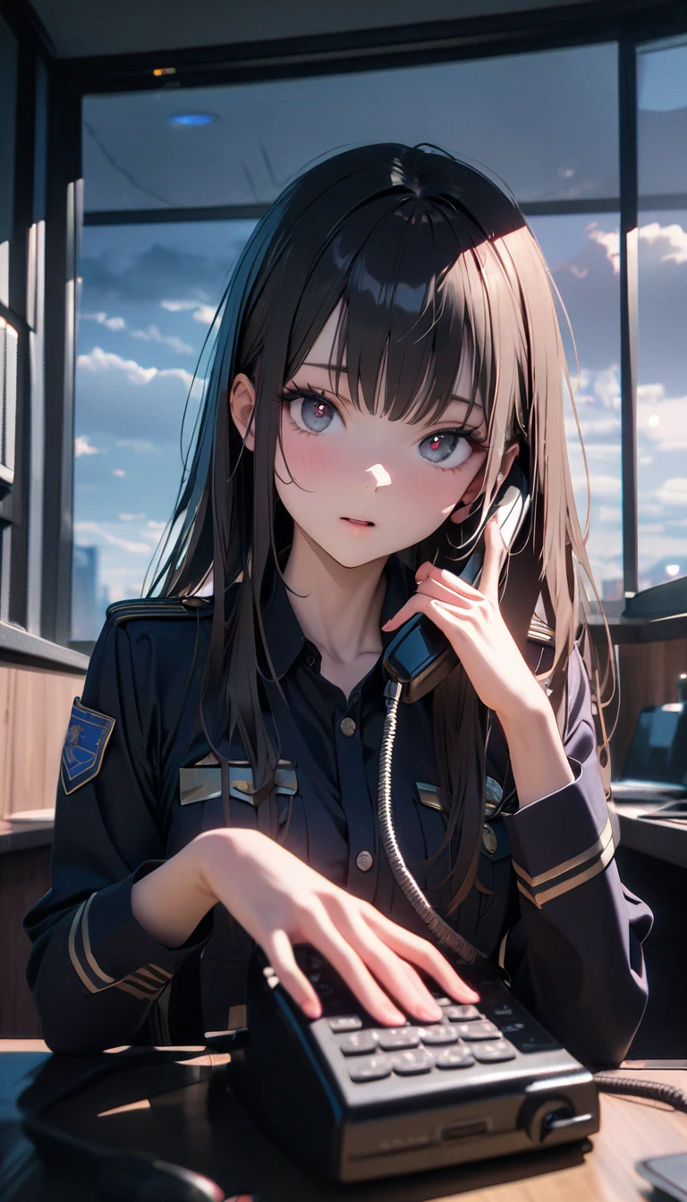 (8K, RAW photos, best quality, masterpiece: 1.4), (((Answering the phone的fema))),Ultra-high resolution, Extremely detailed, light, female, black eyes, (delicate eyes, Eyes are bright:1.2), Black long hair, Fair skin,dark, Prop police uniform,(perfect anatomy:1.2), High-quality shadows, Natural Lighting, (White highlights:1.2), night, cloudy day, (Police Station:1.2), (Answering the phone:1.2)