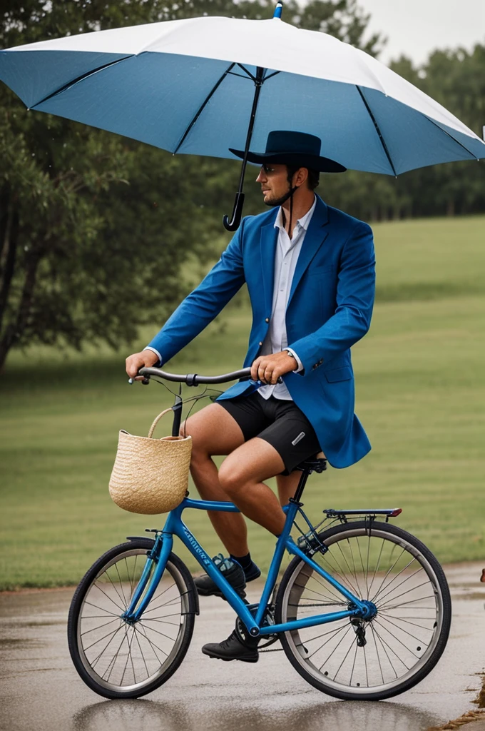 Create an image of a bicycle with a ranch hat and an umbrella on top