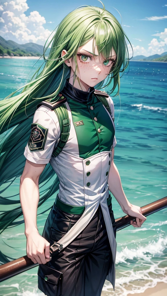 Green hair some black locks eyes red eyes and one green freckles pale skin UA uniform on a water walk serious face anime style my hero academia male UA uniform 