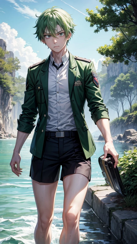 Green hair some black locks eyes red eyes and one green freckles pale skin UA uniform on a water walk serious face anime style my hero academia male UA uniform
