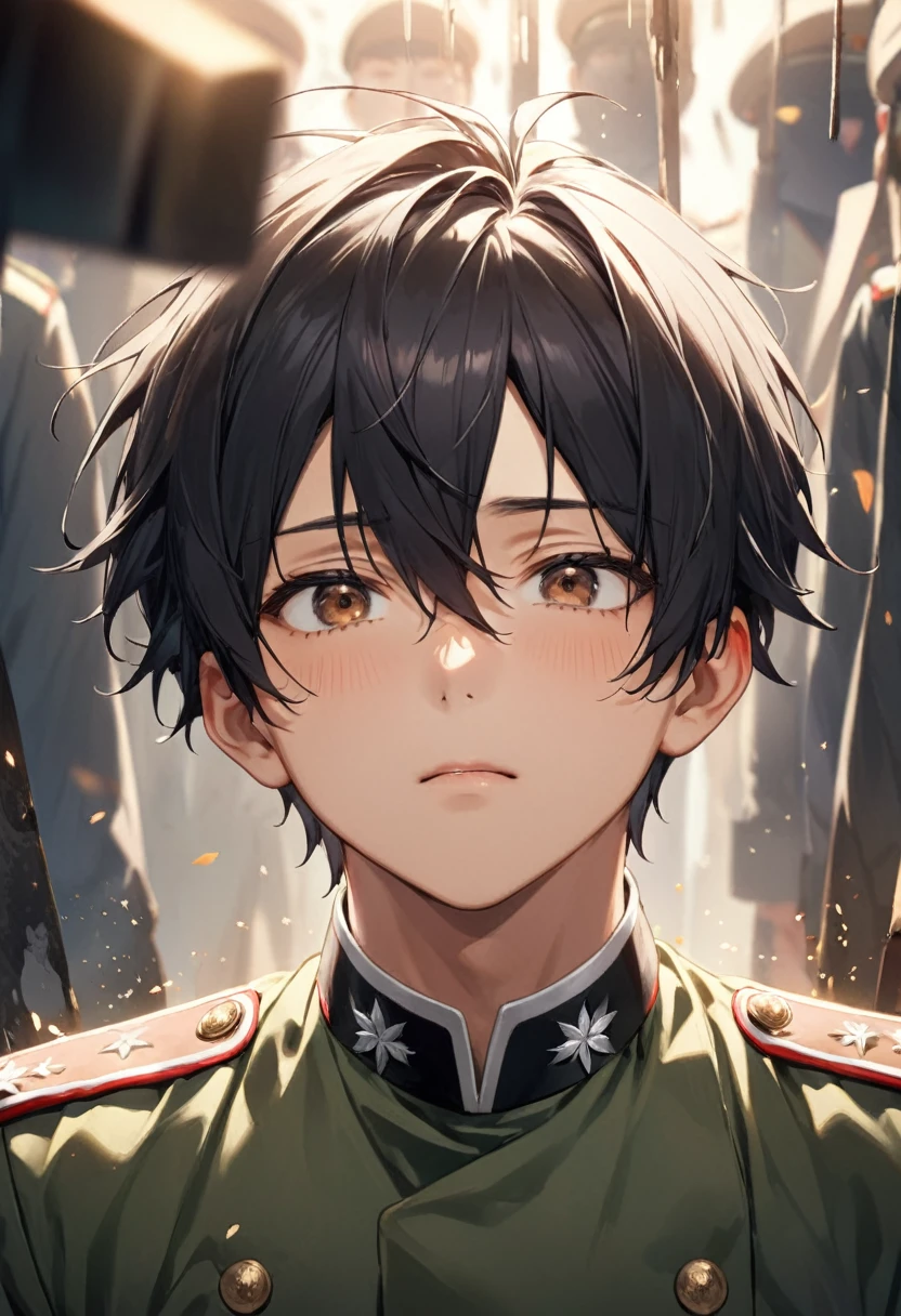 1 young man、Kakoi、Black Hair、Brown eyes、Green military uniform、close your eyes strongly、The fear of being killed、