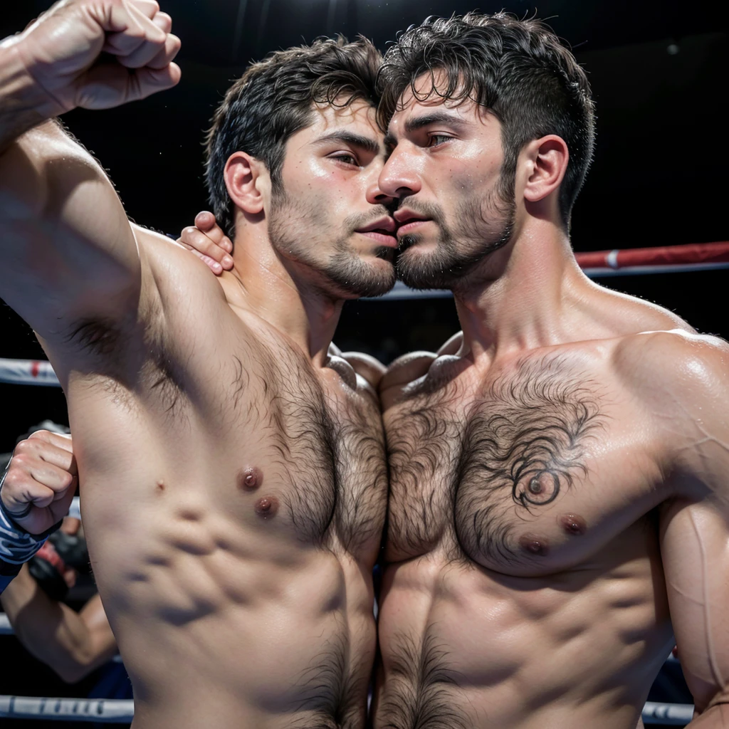 Older hairy Italian boxer showing off his huge biceps and very hairy armpits, He is standing on a boxing ring, their fight is over, he is tired and sweaty, His opponent is hugging him while kissing him passionately.