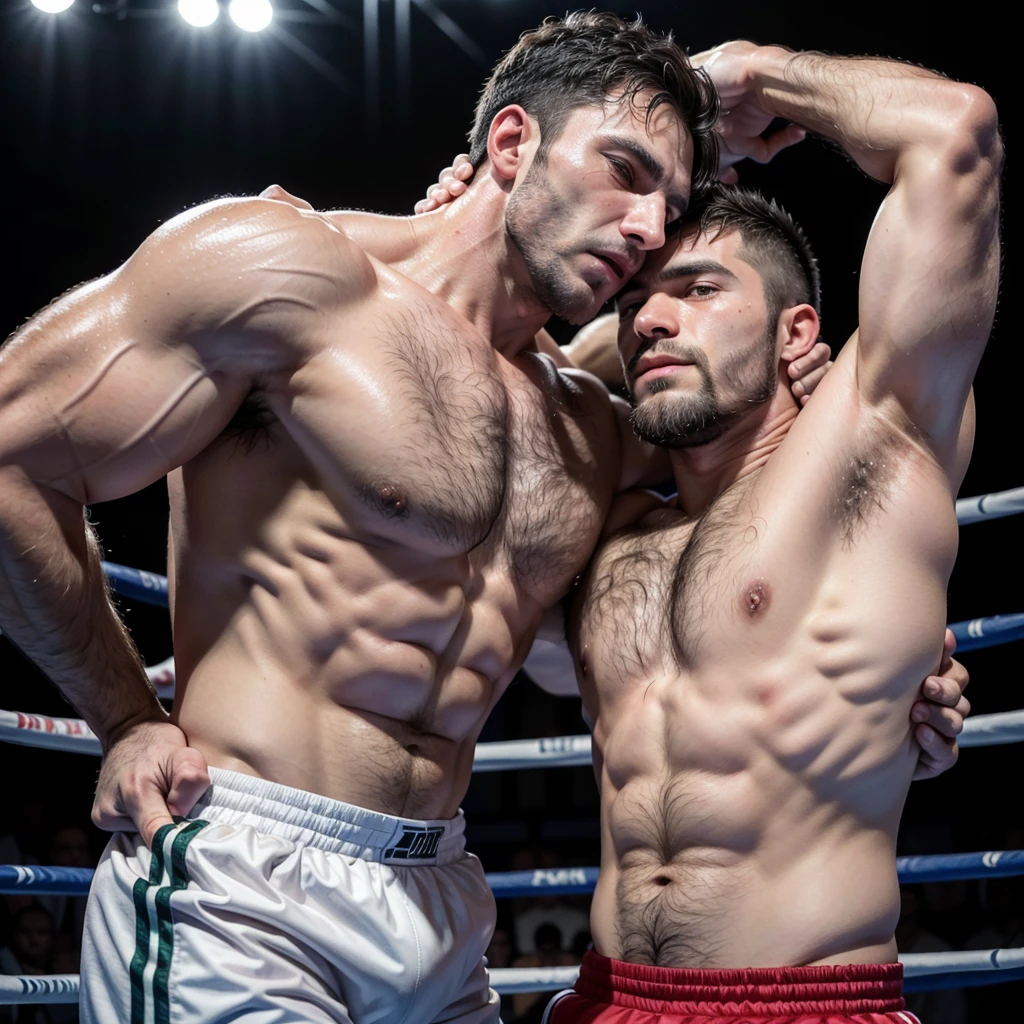 Older hairy Italian boxer showing off his huge biceps and very hairy armpits, He is standing on a boxing ring, their fight is over, he is tired and sweaty, His opponent is hugging him while kissing him passionately.