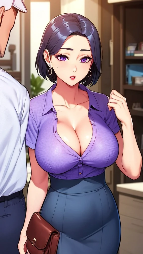 girl,breast,short hair,skirt,shirt,Cleavage,Jewelry,Purple Eyes,clavicle,comics,Gray Hair,earrings,Bag,mole,眼底mole,make up,Lipstick,红shirt,…,手提Bag
