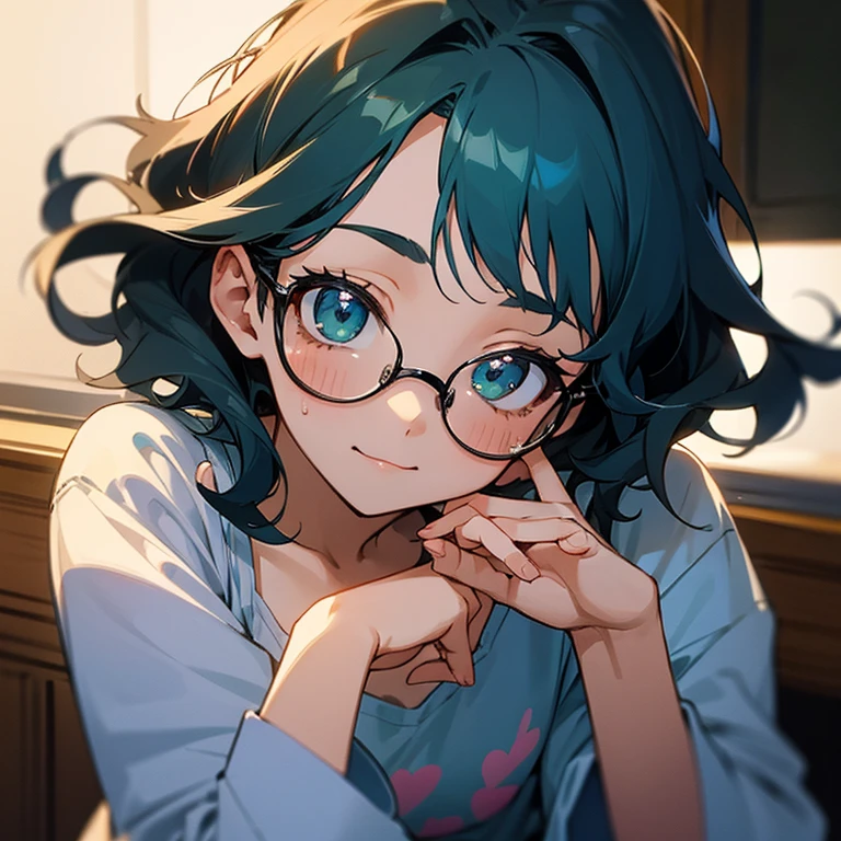 Beautiful girl, 20 years old, perfect anatomy, cute and gorgeous face, calm expression, litttle smile, flushed expression, with a disheveled appearance as if she had just woken up and with a curious look, beautiful eyes, green eyes, wears glasses, dark blue wavy hair, dark blue hair, short hair, wears a pajama, small breast, anime style.
