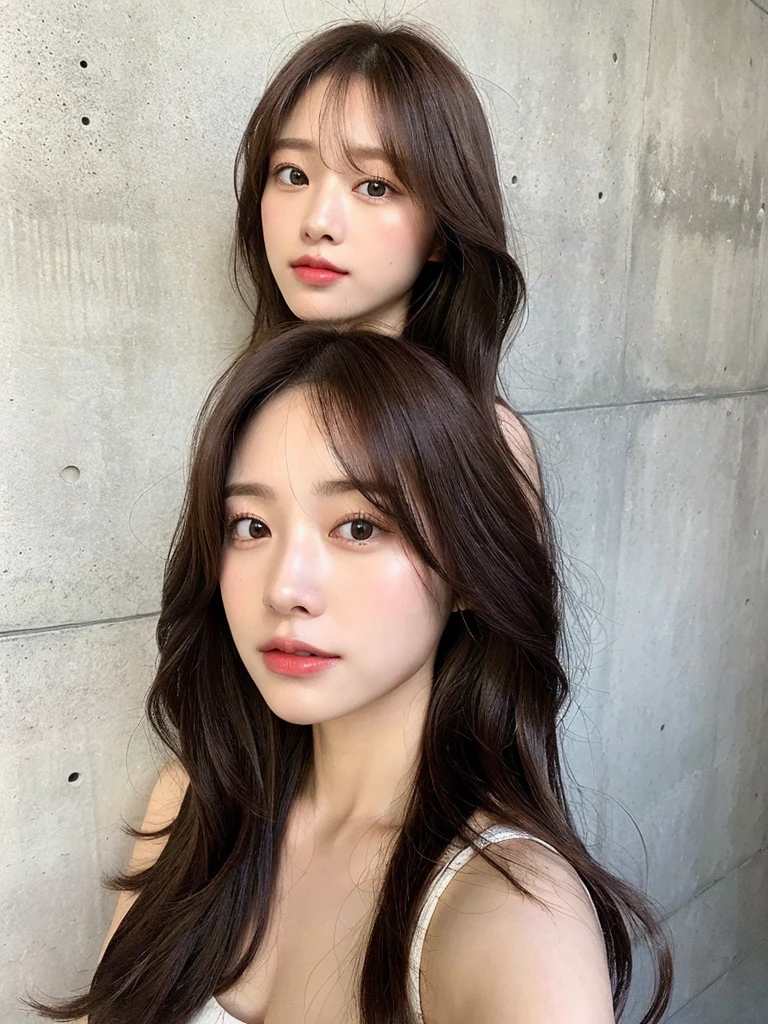 (Highest quality、8K、32k、masterpiece、uhd)(Silky Hair、Natural brown hair、Long Hair、Glossy hair、Loose and fluffy hair) Portraiture、In natural fashion、Concrete Background、Concrete wall