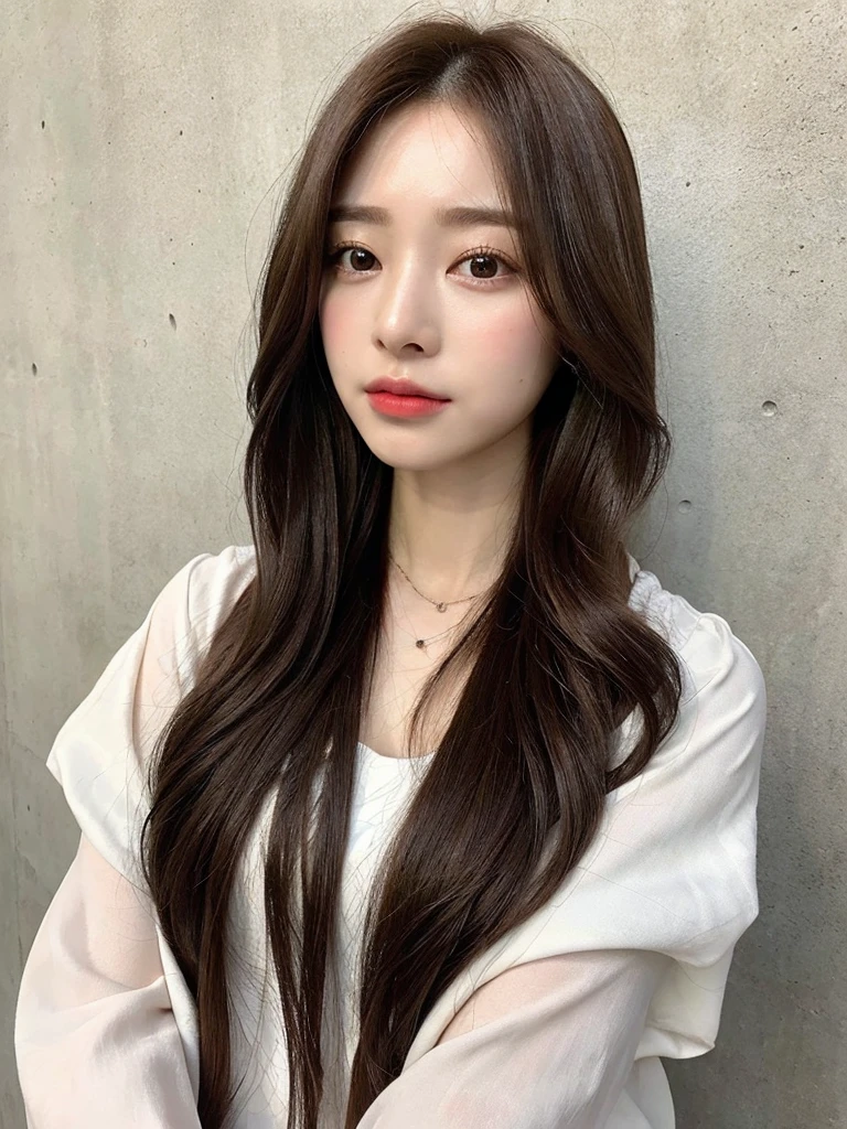 (Highest quality、8K、32k、masterpiece、uhd)(Silky Hair、Natural brown hair、Long Hair、Glossy hair、Loose and fluffy hair) Portraiture、In natural fashion、Concrete Background、Concrete wall