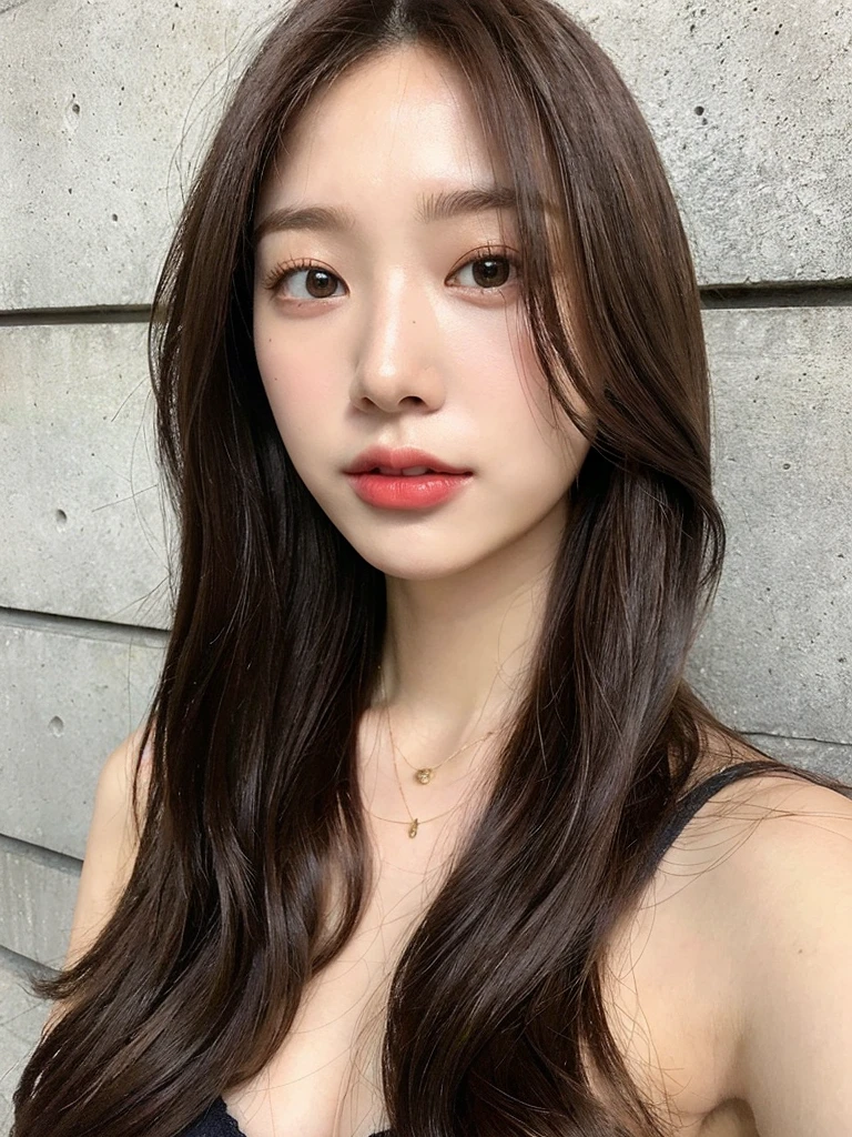 (Highest quality、8K、32k、masterpiece、uhd)(Silky Hair、Natural brown hair、Long Hair、Glossy hair、Loose and fluffy hair) Portraiture、In natural fashion、Concrete Background、Concrete wall