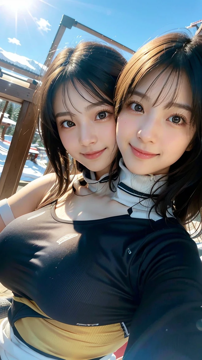 (highest quality,masterpiece:1.3,ultra high resolution),(Super detailed,caustics,16k),(photorealistic:1.4,RAW shooting),ultra-realistic capture,close-up of human skin,natural skin texture,Pores are detailed enough to be easily identified,Healthy skin and even tone,Use natural light and color,18-year-old,Japanese,cute,ski wear,black long hair,Smiling and looking at the camera,, collarbone, shot from the waist up,(face focus:1.2),upper body,(low position:1.3),(Low - Angle:1.3),(Ski resort),sun,Lens flare,blue sky,conjoined_dicephalus, (two heads:1.3)