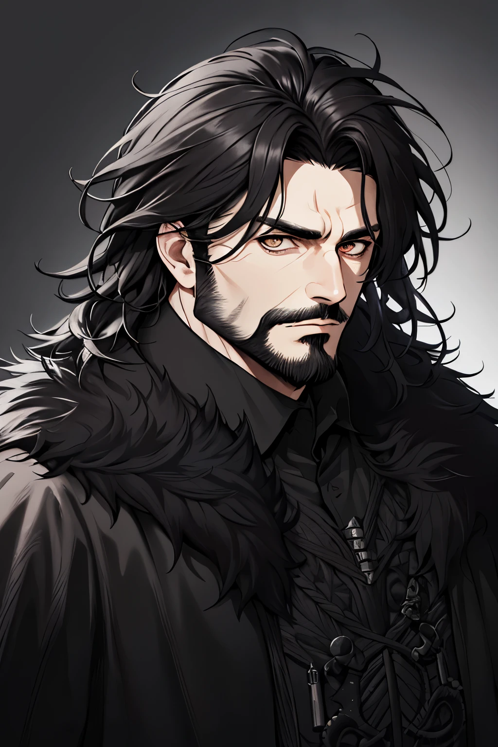 neocruz messy hair, black fur, wide, barba, The lord of shadows hyper realistic super detailed line art comic style