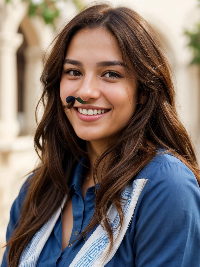 a photo-realistic portrait of a beautiful Palestinian woman with long brown hair, blue shirt, white teeth, and a cute smile, with highly detailed and realistic facial features, modest expression, and realistic white skin tone