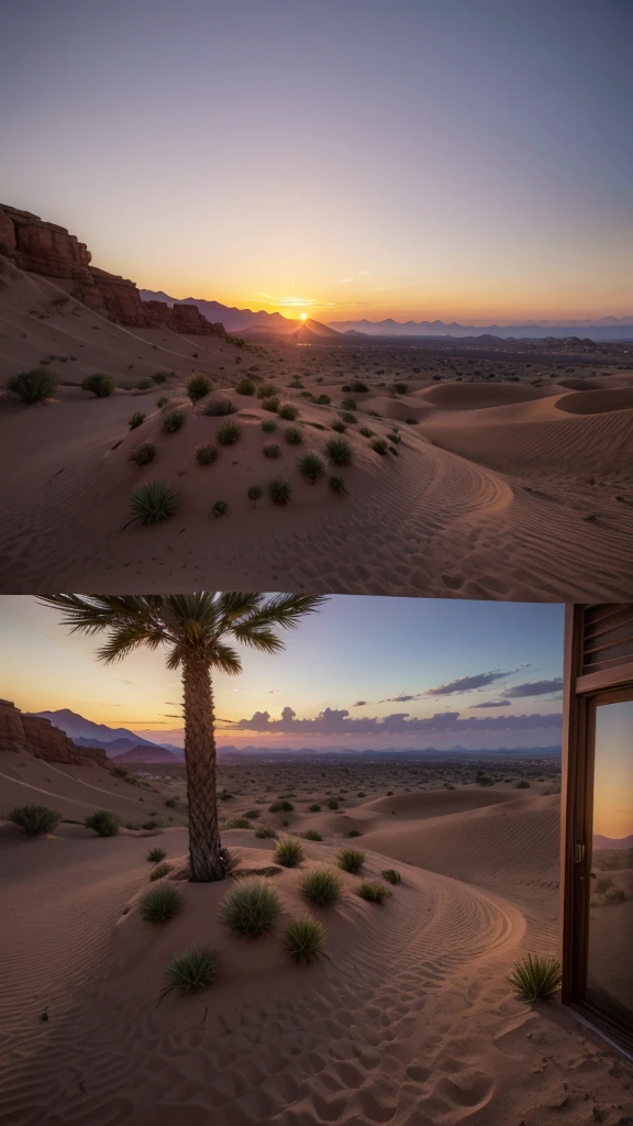 in the desert, a myrrh plant grows with special beauty under the sunset sky, Highly detailed Full HD 8k ultra-realistic landscape 