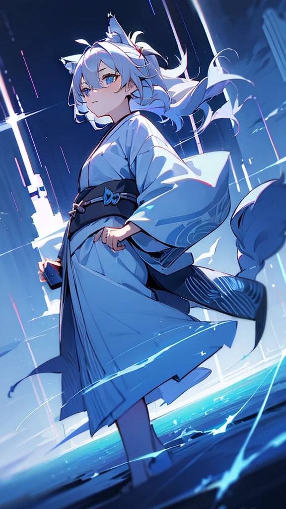 naughty girl;
Wolf ears and tail;
Long messy hair;
gray hair;
Kimono with lightning cloud details;
Rays around the body;
It&#39;s in a black space full of clouds forming;
Sky blue eyes;
