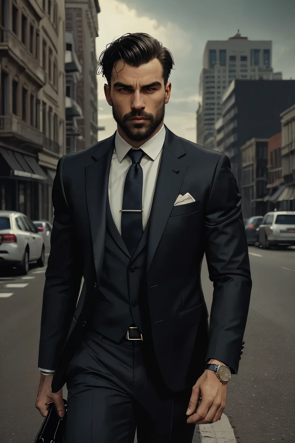 a well-tailored suit, elegant suit, impeccable cut, one of the most attractive looks in the eyes of women, sophistication, confidence, masculinity, 1 man, formal wear, expensive suit, smart casual, fashionable, classy, dapper, charming, handsome, laight beard, black hair, chiseled jawline, piercing eyes, groomed facial features, confident expression, perfect posture, tailored jacket, crisp shirt, silk tie, leather shoes, luxury watch, city street, urban setting, evening light, moody atmosphere, (best quality,4k,8k,highres,masterpiece:1.2),ultra-detailed,(realistic,photorealistic,photo-realistic:1.37),cinematic lighting, dramatic shadows