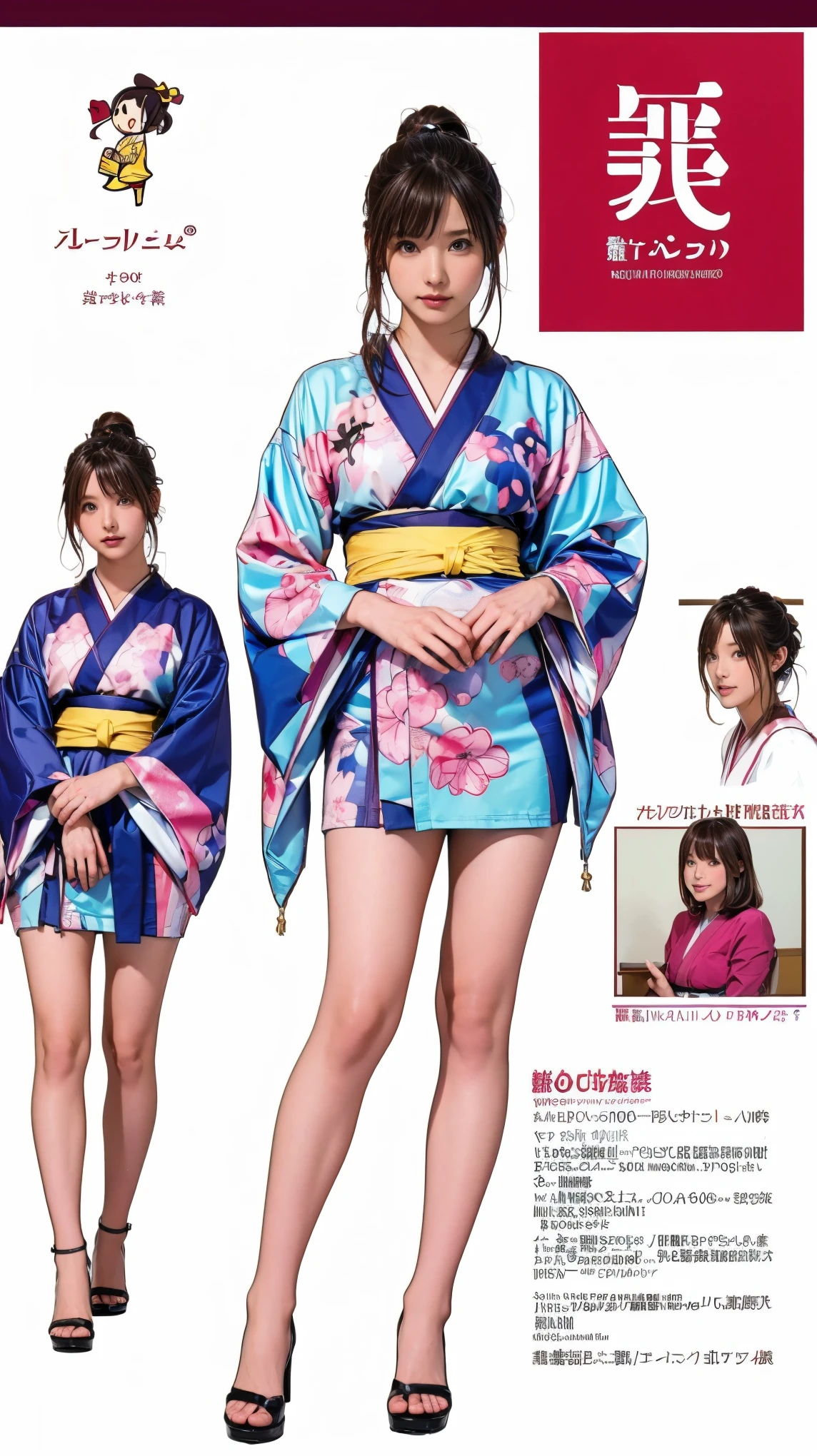 ((masterpiece)),(((Highest quality))),((Character design sheet)),Thin thighs,Long legs,masterpiece, Colorful Japanese Kimono, woman, 30 years old,