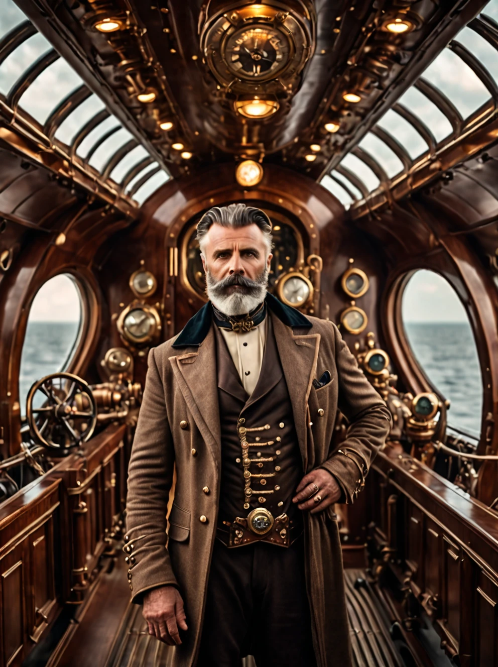 photo focus on male focus, indoors, realistic scenery, (captain nemo:1.1), standing on a bridge of steampunk spaceship, crew in background, steampunk nautilus-style. very wide shot, character photo portrait, film, professional, highly detailed,4k