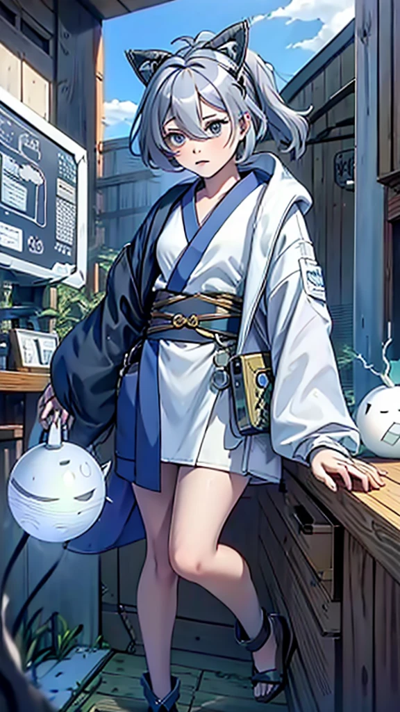 naughty girl;
Wolf ears and tail;
Long messy hair;
gray hair;
Kimono with lightning cloud details;
Rays around the body;
It&#39;s in a black space full of clouds forming;
Sky blue eyes;
