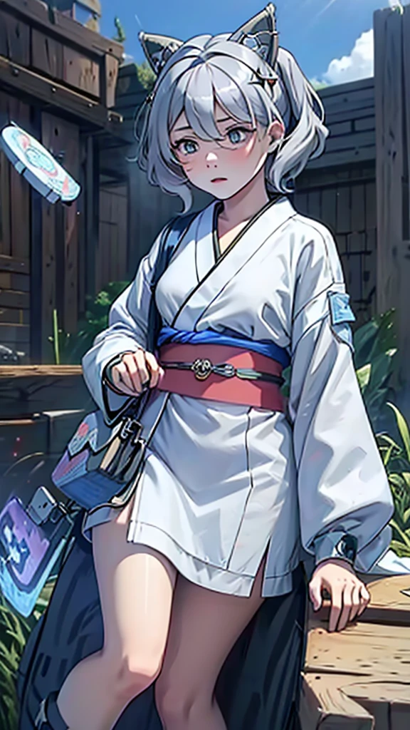 naughty girl;
Wolf ears and tail;
Long messy hair;
gray hair;
Kimono with lightning cloud details;
Rays around the body;
It&#39;s in a black space full of clouds forming;
Sky blue eyes;
