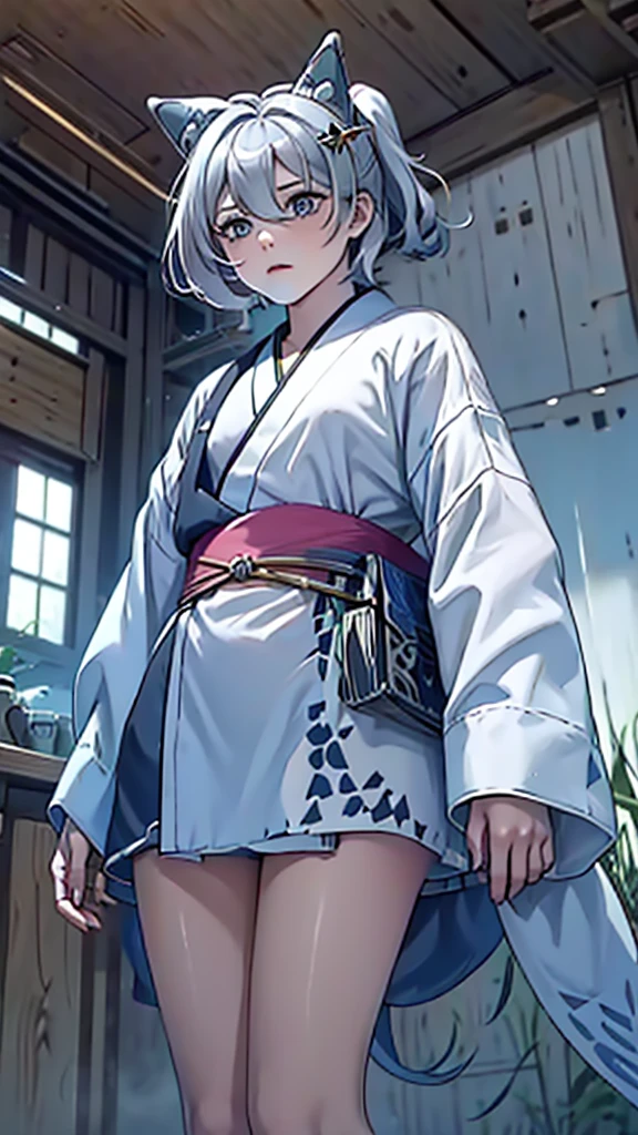 naughty girl;
Wolf ears and tail;
Long messy hair;
gray hair;
Kimono with lightning cloud details;
Rays around the body;
It&#39;s in a black space full of clouds forming;
Sky blue eyes;
