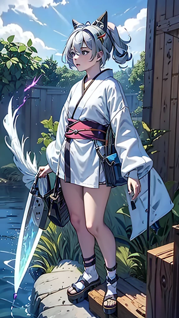 naughty girl;
Wolf ears and tail;
Long messy hair;
gray hair;
Kimono with lightning cloud details;
Rays around the body;
It&#39;s in a black space full of clouds forming;
Sky blue eyes;
