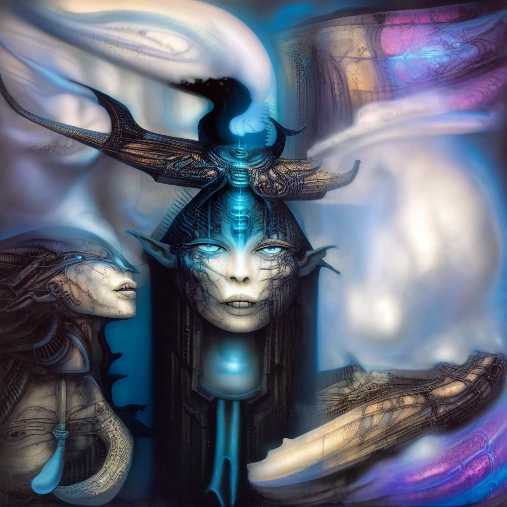 In a whimsical, colorful cartoon world, a kaleidoscope of flying objects swirls against surreal landscapes, inspired by the ethereal sounds of Midnight Tunes. Gentle mews and epic dreams converge as vibrant colors and exaggerated shapes come alive. A fantastical realm unfolds, reminiscent of Etam Cru's distinctive art style. Against a backdrop of swirling clouds and starry skies, photorealistic concept art by Rebeca Saray and Brad Kunkle captures the magic of this world in motion. (art inspired in Bill Sienkiewicz). oil painting)