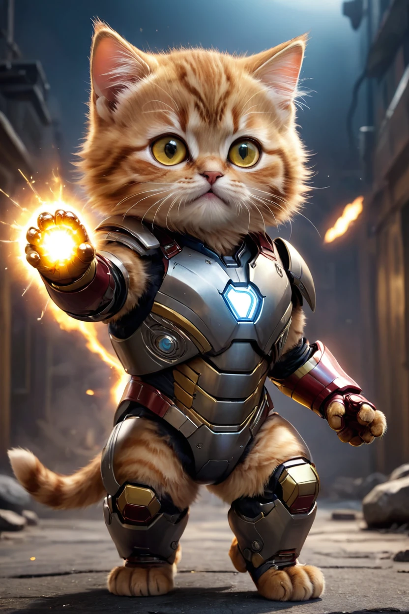 small, There are no humans in this world、The world of anthropomorphized cats、Wearing a full Iron Man suit、Repulsor firing from both hands、night、かわいいbornき物全身, Costumes,、 Fantasy art, Exquisite detail, An anthropomorphic, fat, furry tabby kitten with yellow eyes, Movie Scenes, Dramatic shot angles, , Realistic, born々Amazing cinematic photorealism, Action Portrait, 8K, detailed, Full Frame